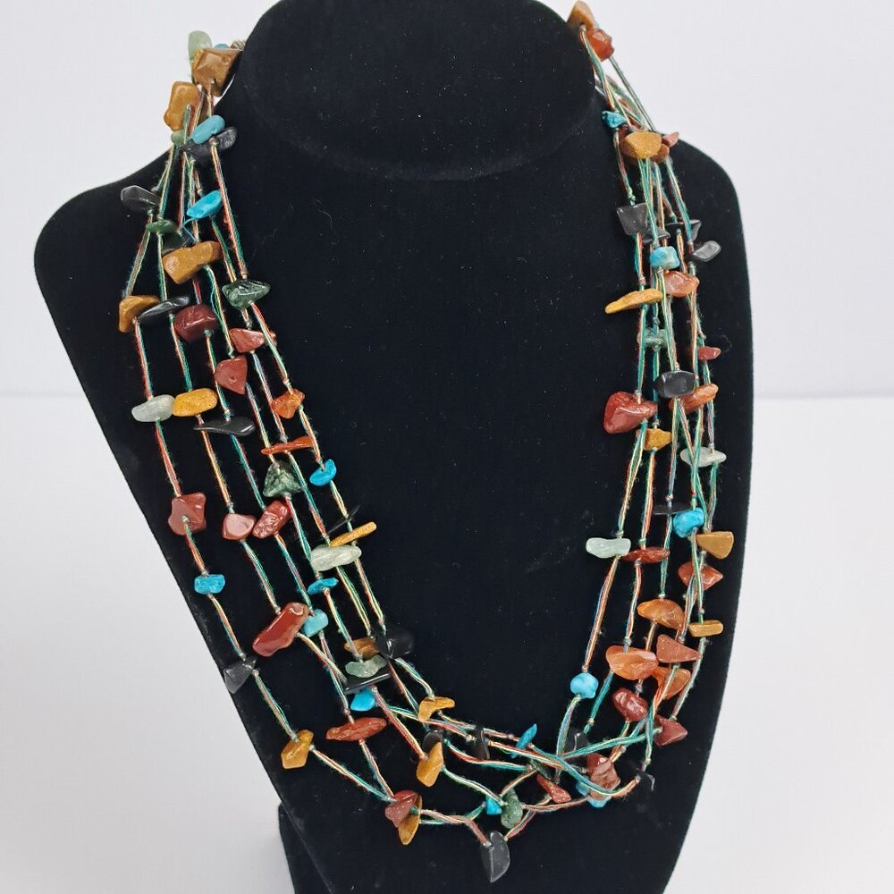 Vintage Multi Strand Multi Colored Polished Stone Chips Necklace